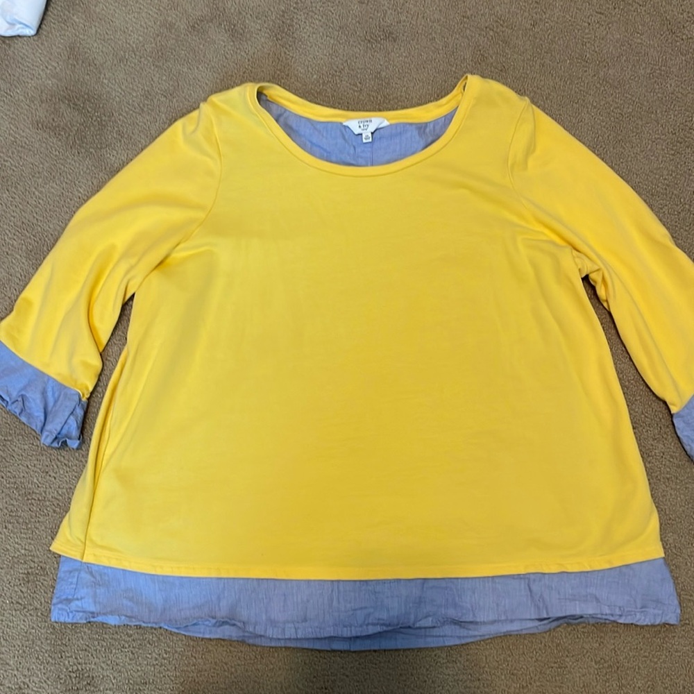 Crown & Ivy sweatshirt with faux shirt under - cute back button detail